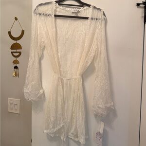 Sheer Ivory Lace Kimono Robe with Tie Waist